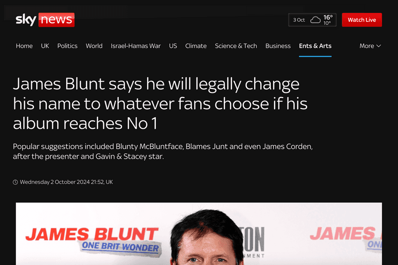 James Blunt Name Change - Sky News